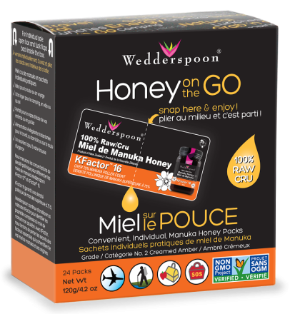 Wedderspoon Raw Honey On The Go KFactor 16, 24 Packs
