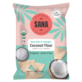 Front of Sana Coconut Flour Tortilla Chips Sea Salt & Vinegar, 155g